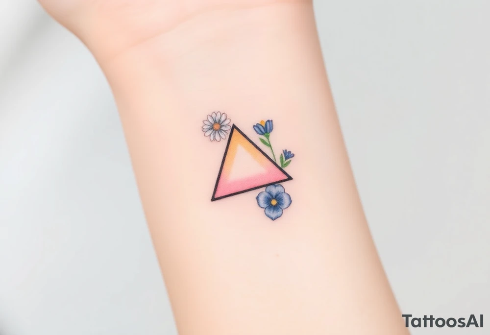 Design a very small (max 2x2 cm) tattoo for the inner wrist that subtly symbolizes lesbian identity. It should be minimal and delicate — possibly fine line or soft color. The design must be discreet yet meaningful, not instantly recognizable as LGBTQ but with layered symbolism, something like the triangle upside down. Think of subtle elements like intertwined female symbols, abstract sapphic references, or a hidden double meaning through nature (e.g. flowers, moons, triangles). Avoid clichés or bold pride imagery. Keep it elegant, wearable, and intimate. Add a daisy and a violet with a upside down triangle. Make the flowers smaller than the pink triangle tattoo idea