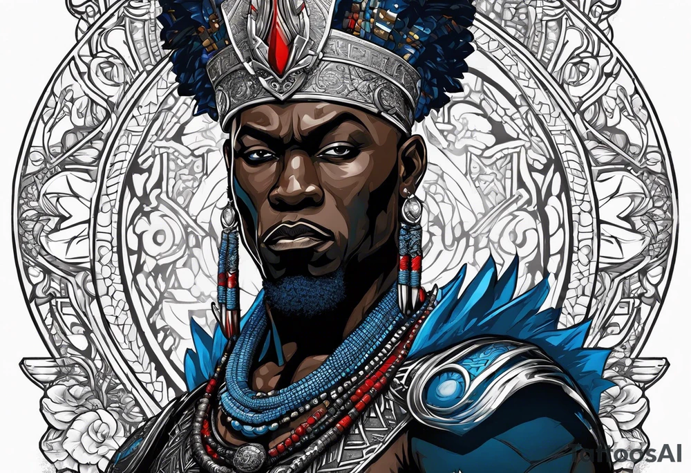 An african god, a bald warrior, that uses a sword and a silver crown. He also uses blue and red necklaces tattoo idea