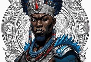 An african god, a bald warrior, that uses a sword and a silver crown. He also uses blue and red necklaces tattoo idea