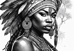African woman warrior holding spear with earrings. Tribe marks on her face and trees,brids and lion in the background tattoo idea