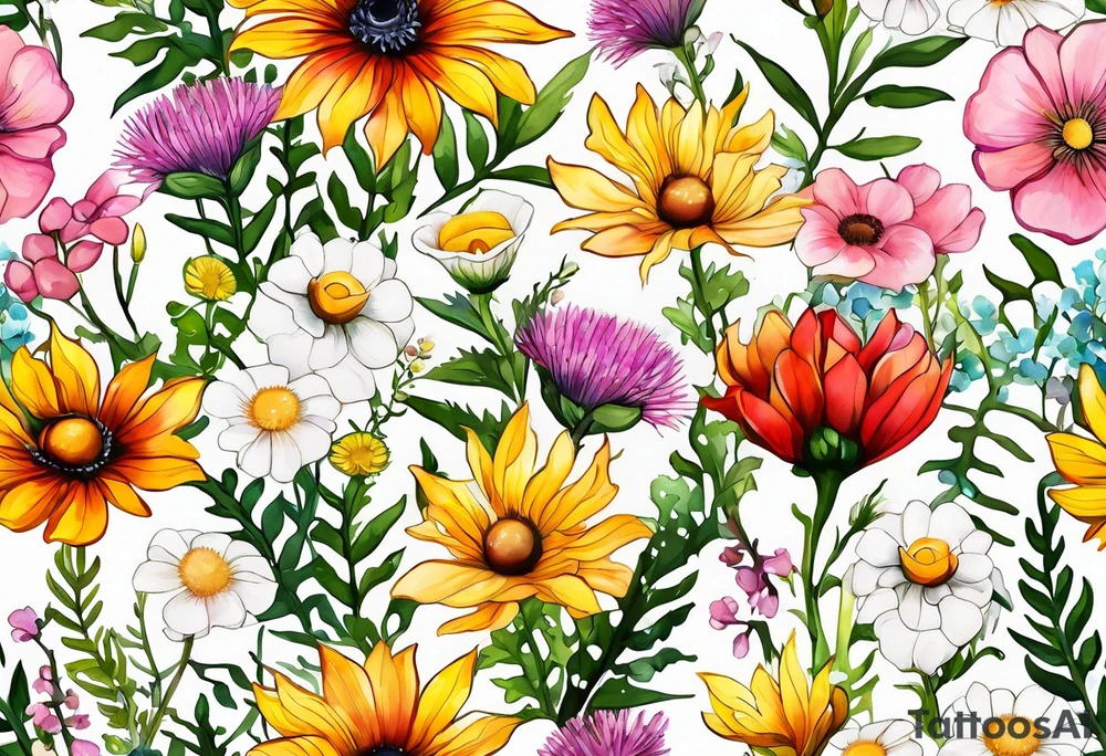 simple wildflowers cascading with thistles, ferns, white anemones, sun flowers, yellow flowers, red flowers, pink flowers, green flowers, buttercups, orange flowers, babys breath and daisies all in watercolor tattoo idea