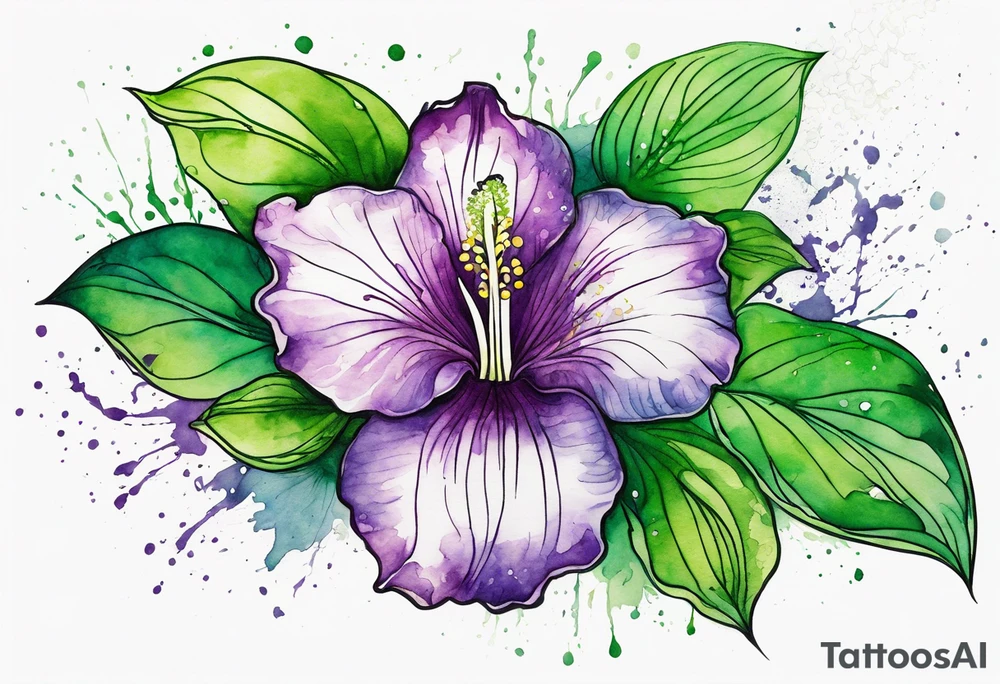 An outline of a green rio dipladenia flower and a green and purple watercolor splash in the background tattoo idea