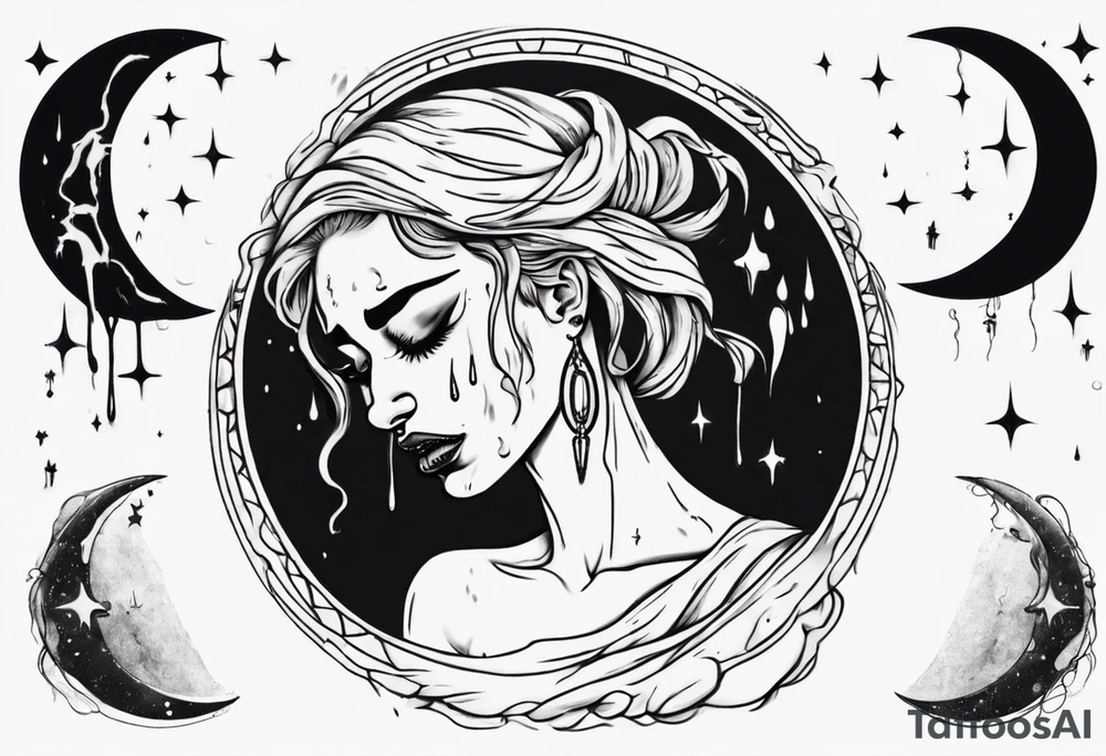 crescent moon with crying woman. she's crying tears of blood tattoo idea