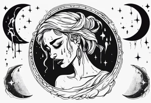 crescent moon with crying woman. she's crying tears of blood tattoo idea
