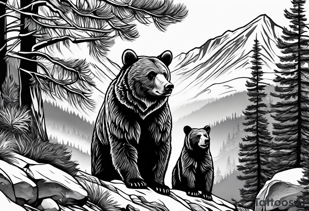 Momma bear and teen cub in the mountains tattoo idea