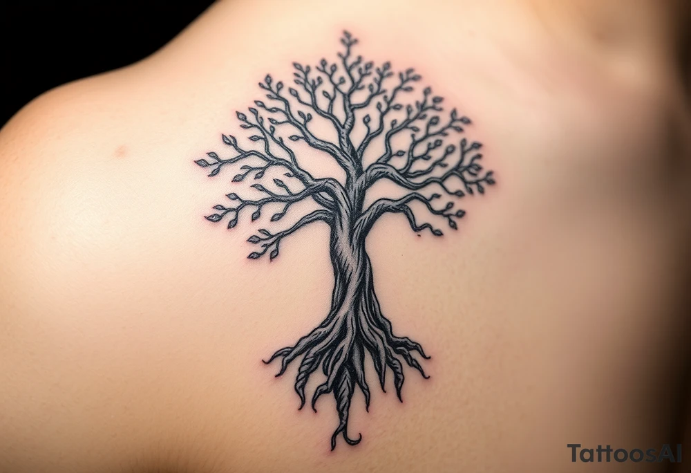 mystical tree of life with cosmic roots and celestial branches tattoo idea