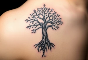 mystical tree of life with cosmic roots and celestial branches tattoo idea