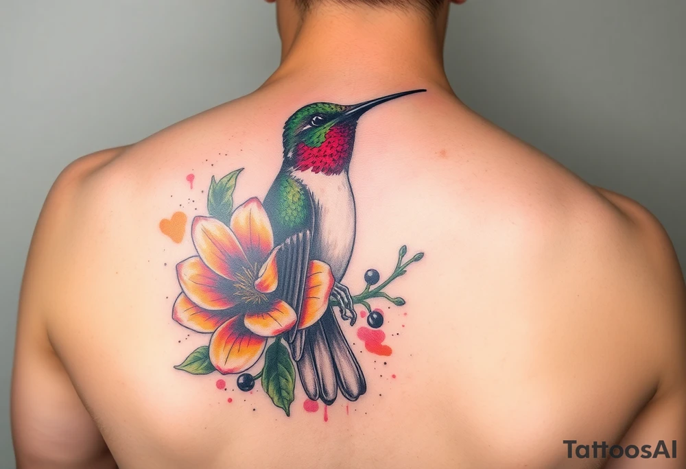 A humming bird gathering nectar from a flower, scetch style, side profile, full body view, strong vibrant colours, watercolour background tattoo idea