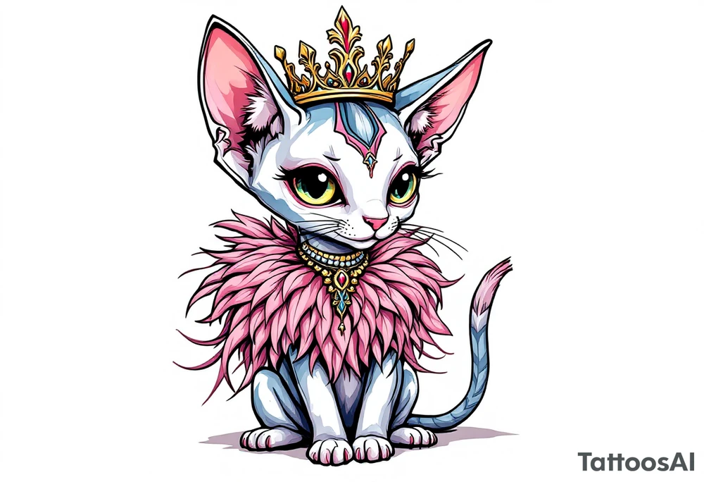 Chibi new school Glamorous sphinx cat with a pink feather boa and wearing a crown tattoo idea