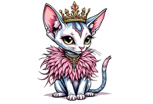 Chibi new school Glamorous sphinx cat with a pink feather boa and wearing a crown tattoo idea