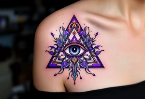 A purple triangle with a third eye in the center, radiating mysticism and awareness under collarbone tattoo idea
