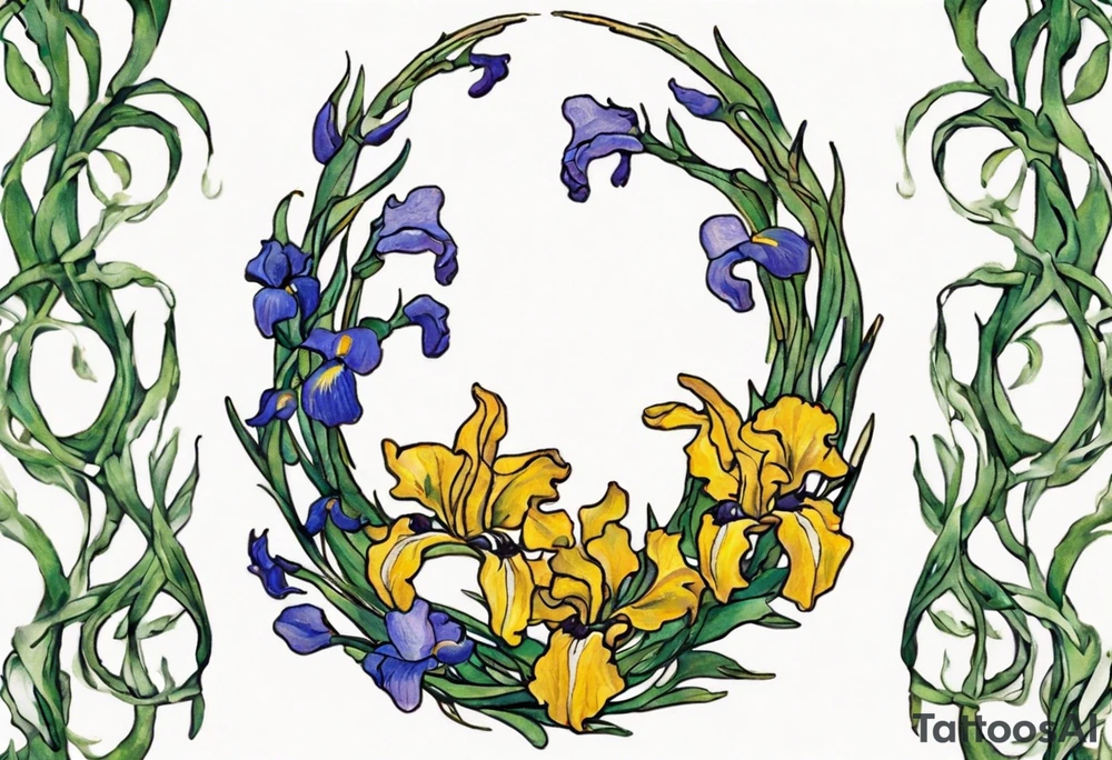 Create a small, colorful Vincent van Gogh Irises tattoo in the form of a crescent, with vines gracefully intertwining at a central point in the middle of the wreath. The intended placement is on the upper chest. The middle needs mountains. The overall design should be small in size while maintaining a delicate and artistic aesthetic. Pay attention to the graceful flow of the vines and the placement of the irises to achieve a refined and elegant look. tattoo idea