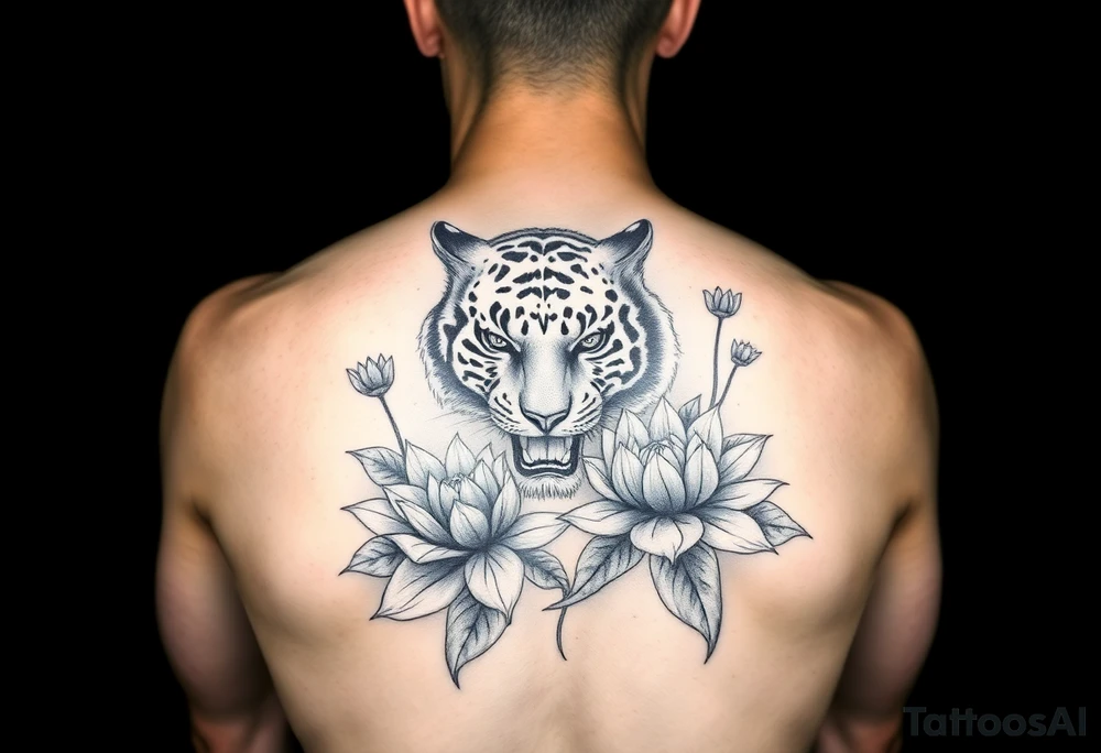 fierce tiger emerging through blooming lotus flowers in mist tattoo idea