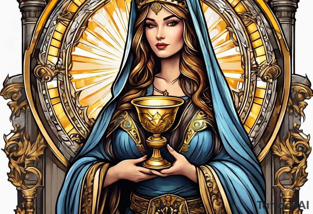 woman saint holding chalice surrounded by golden halo with a tower tattoo idea