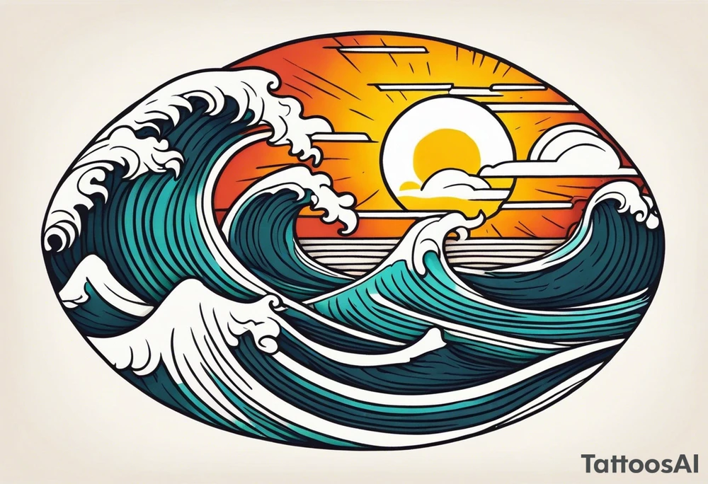 ocean waves with sun tattoo vintage traditional simple and bold colors tattoo idea