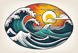 ocean waves with sun tattoo vintage traditional simple and bold colors tattoo idea