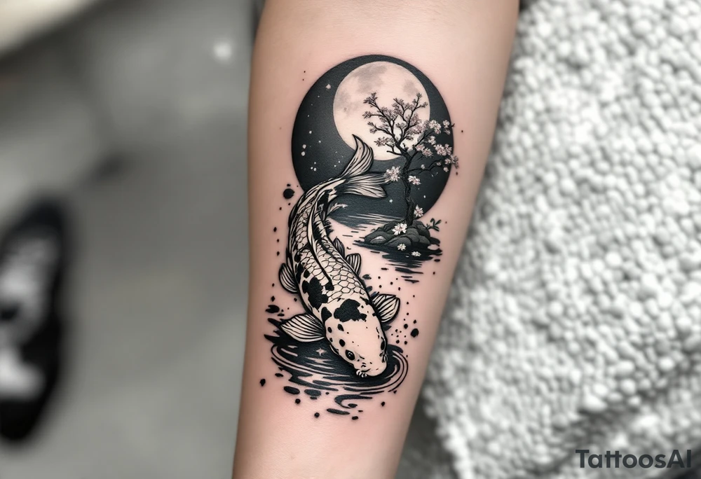 a koi fish swimming upstream in a pond moonlight by the full moon with a sakura tree by the pond tattoo idea
