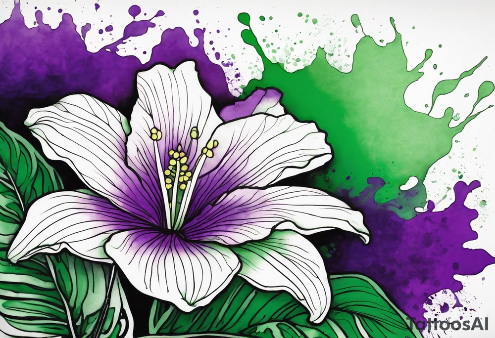 An outline of a green and purple rio dipladenia flower with a mystical green/purple watercolor splash in the background tattoo idea