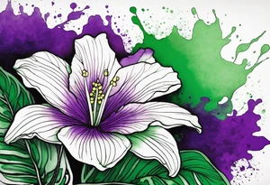 An outline of a green and purple rio dipladenia flower with a mystical green/purple watercolor splash in the background tattoo idea