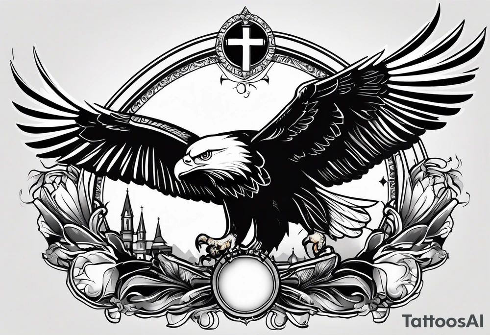 A tattoo that states catholic religion, pain and discipline to achieve your goals in life. it should be placed on the upper back. symbol of an eagle, fish, pigeon tattoo idea