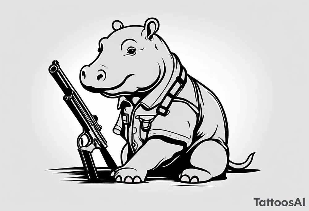 Baby hippo wearing overalls and holding a gun tattoo idea