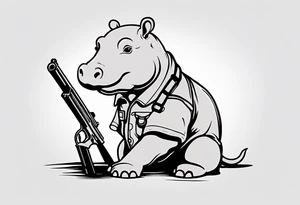 Baby hippo wearing overalls and holding a gun tattoo idea