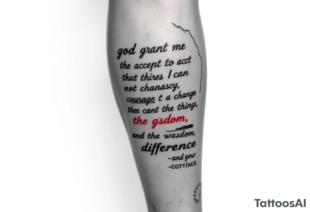 Generate a leg tattoo doing down the side of leg all the way down saying  “god grant me the serenity to  accept the things I can not change courage to change the things I can and the wisdom to know the difference” put god , serenity , courage, and wisdom in red tattoo idea