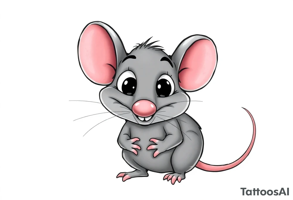 The image shows a cartoon rat with a long pointed nose, huge bulging eyes, and a cheeky, mischievous smile. The rat is grey with big pink ears and a thin pink tail visible on the right. Its little hands are held up close to its chest in a playful, sneaky pose. The expression makes the rat look funny, surprised, and a bit sly at the same time.

I want all his body..bigger nose, eyes poped out from the head + foots / i want the picture from the profile/side


the last two, that i putted to favorites, can you make them black & white ? tattoo idea