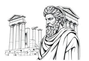 greek philosopher statue with masculine Fram in front of old broken greek buildings tattoo idea