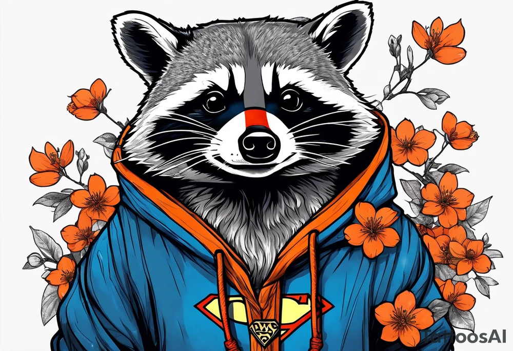 raccoon wearing a Superman hoodie with orange cherry blossoms tattoo idea