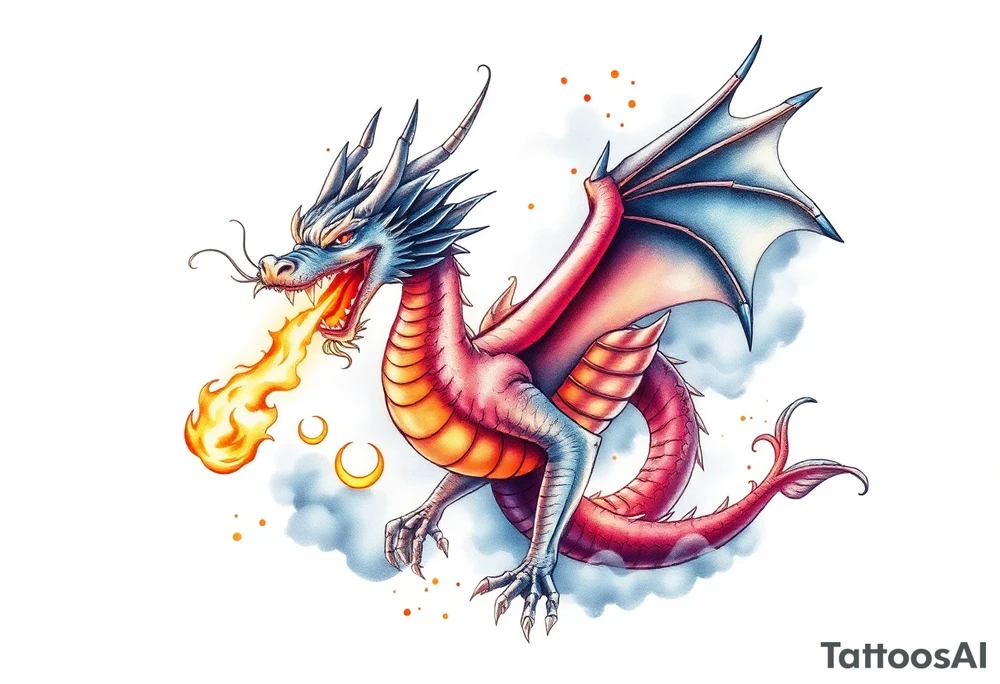 fierce dragon breathing iridescent fire against stormy skies tattoo idea