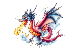 fierce dragon breathing iridescent fire against stormy skies tattoo idea