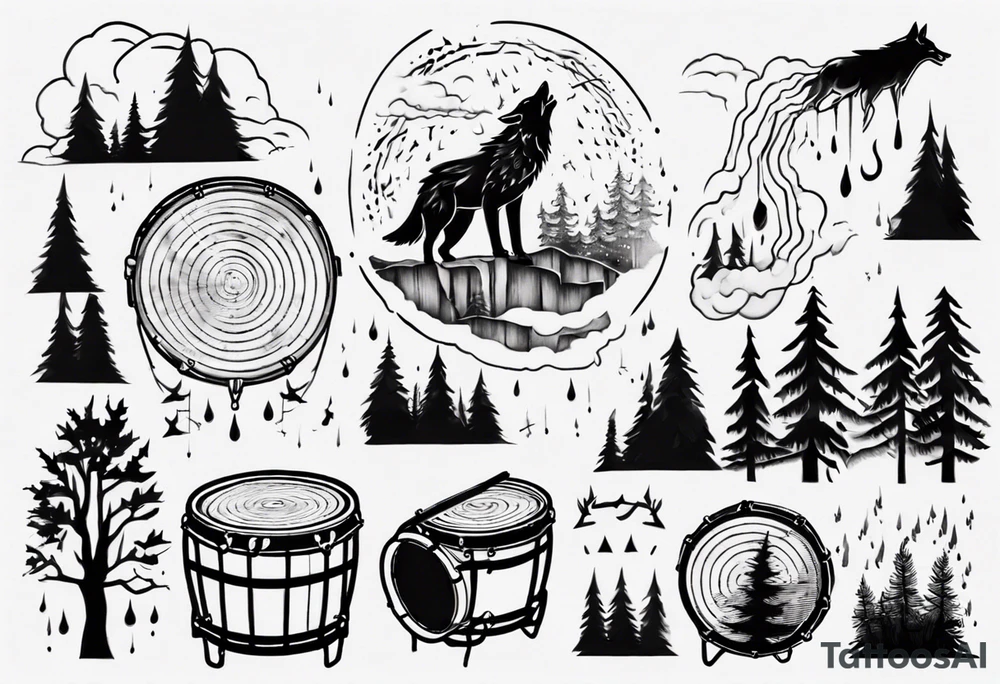 thunderstorm over a forest with a wolf howling on drums tattoo idea thunderstorm over a forest with a wolf howling on drums tattoo idea