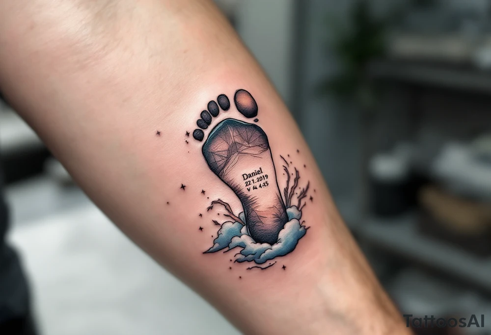 Tiny footprint with the name "Daniel" and 23.1.2019 v 4:45, surrounded by gray and light blue clouds. tattoo idea