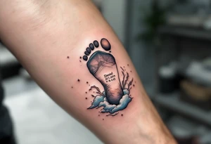 Tiny footprint with the name "Daniel" and 23.1.2019 v 4:45, surrounded by gray and light blue clouds. tattoo idea