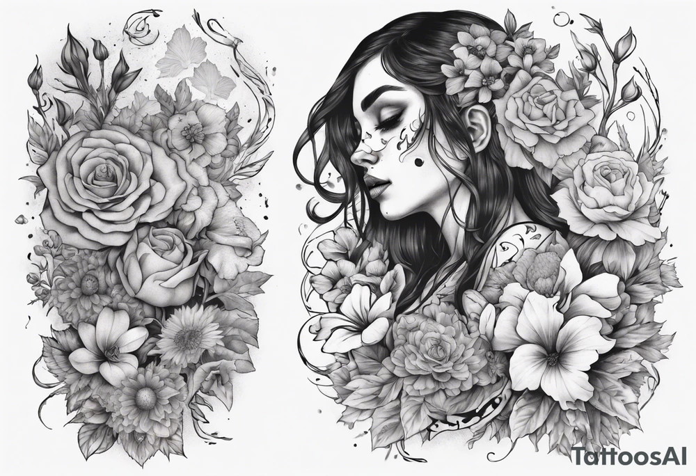 sleeve with many flowers around it and a dark elf girl tattoo idea