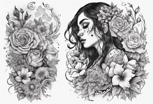 sleeve with many flowers around it and a dark elf girl tattoo idea