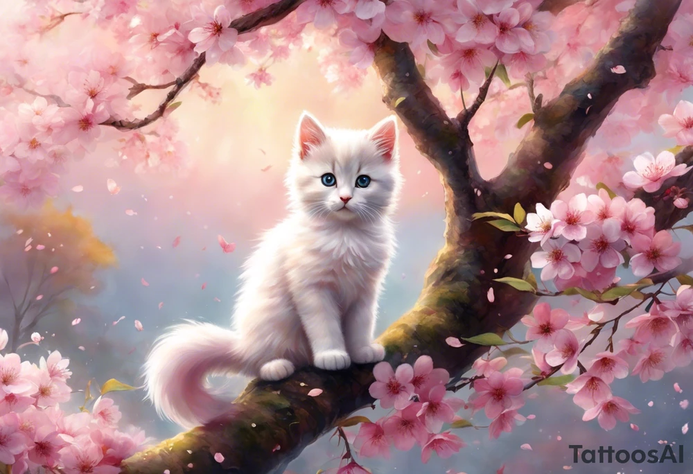 Generate a design where a graceful pink cherry blossom tree extends vertically, occupying the full height of 15cm, with delicate blossoms scattered along its slender branches coloured with a watercolor effect. Nestled among the branches, a small, playful kitten is perched, gazing curiously outward. The kitten's fur can have intricate details, highlighting its softness and playfulness. Surrounding the kitten and the tree, some petals could be gently falling, adding a dynamic and serene feel to the design. This vertical composition would elegantly fit your biceps, creating a charming and feminine piece of art. tattoo idea