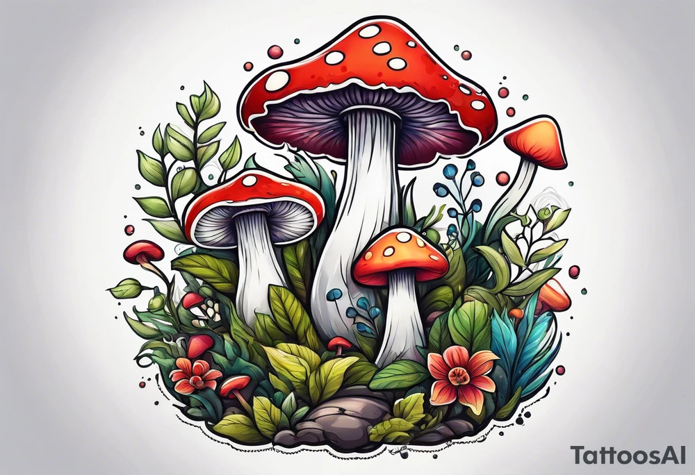 Happy mushroom surrounded by smaller plants tattoo idea