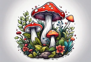 Happy mushroom surrounded by smaller plants tattoo idea