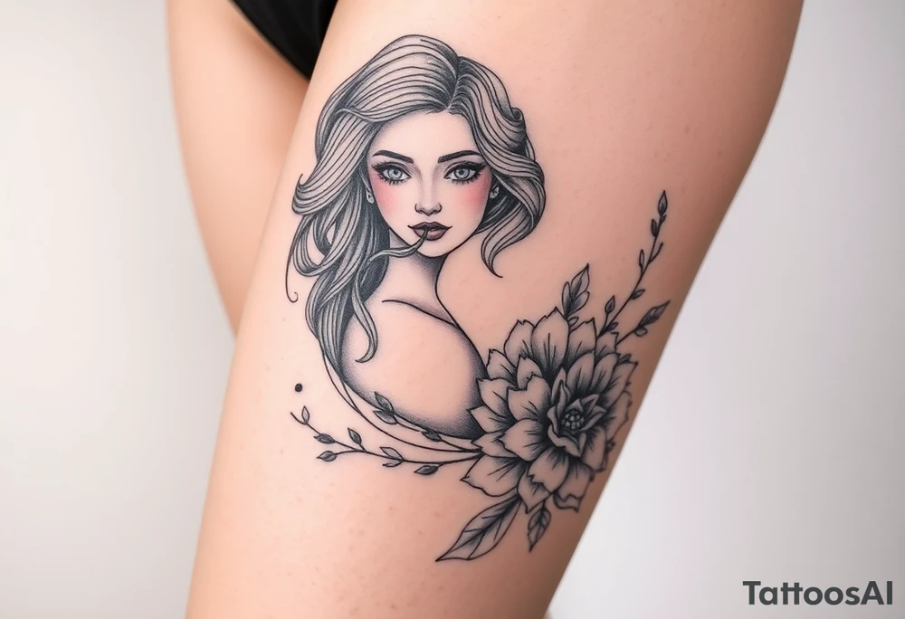 Full thigh tattoo with pretty girl and art work tattoo idea