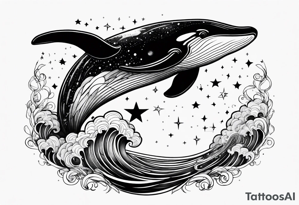 Moby dick inspired sperm whale jumping out of the water with the Virgo constellation in the sky tattoo idea