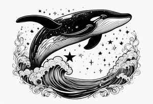 Moby dick inspired sperm whale jumping out of the water with the Virgo constellation in the sky tattoo idea