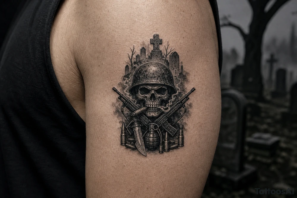 Graveyard scene with skull in helmet, cigar, crossed rifles, knife, grenade, cartridges, dark fantasy. tattoo idea