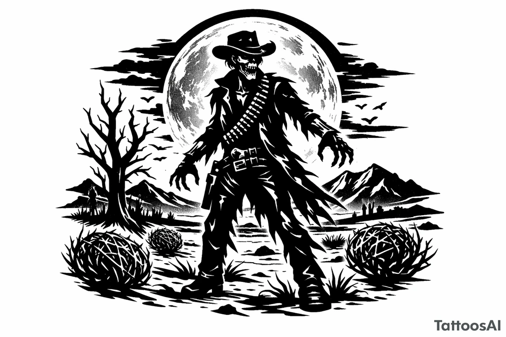 Zombie cowboy silhouette on a moonlit prairie, tumbleweeds rolling. tattoo idea