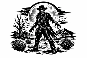 Zombie cowboy silhouette on a moonlit prairie, tumbleweeds rolling. tattoo idea