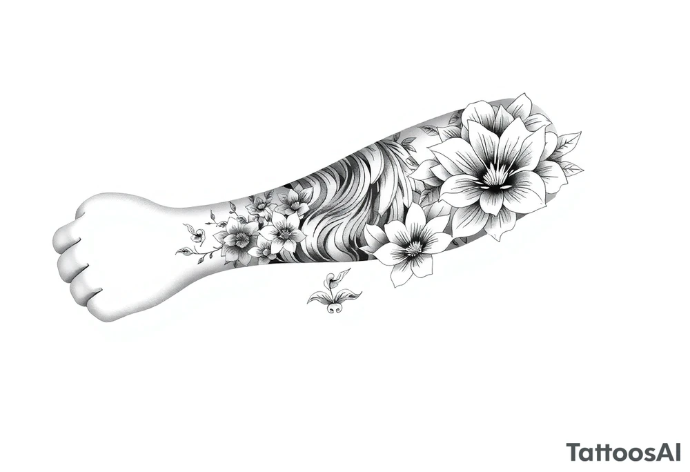 Forearm sleeve tattoo including lion clouds jasmine flower names dates covering the whole forearm. I don’t want it to be girly more tough tattoo idea