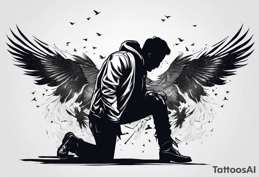 Silhouette of a man on his knees bent over with crows coming out his back like pieces of him flying away. tattoo idea