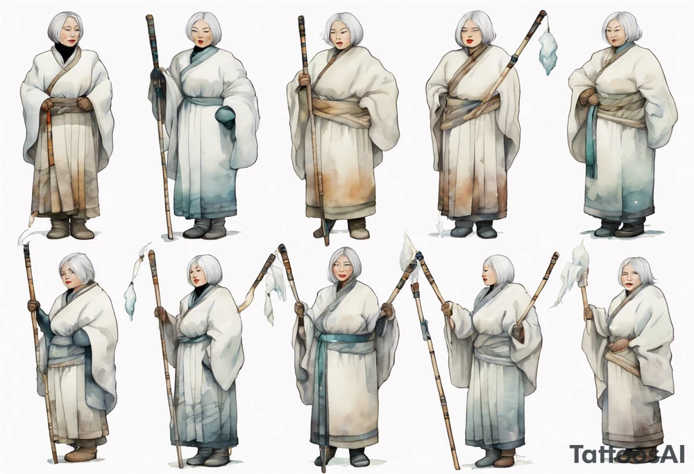 a 4middle aged Inuit woman with white hair and a white robe and white mittens and mukluks holding a plain white staff, standing on an iceberg tattoo idea