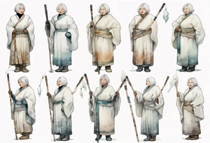 a 4middle aged Inuit woman with white hair and a white robe and white mittens and mukluks holding a plain white staff, standing on an iceberg tattoo idea